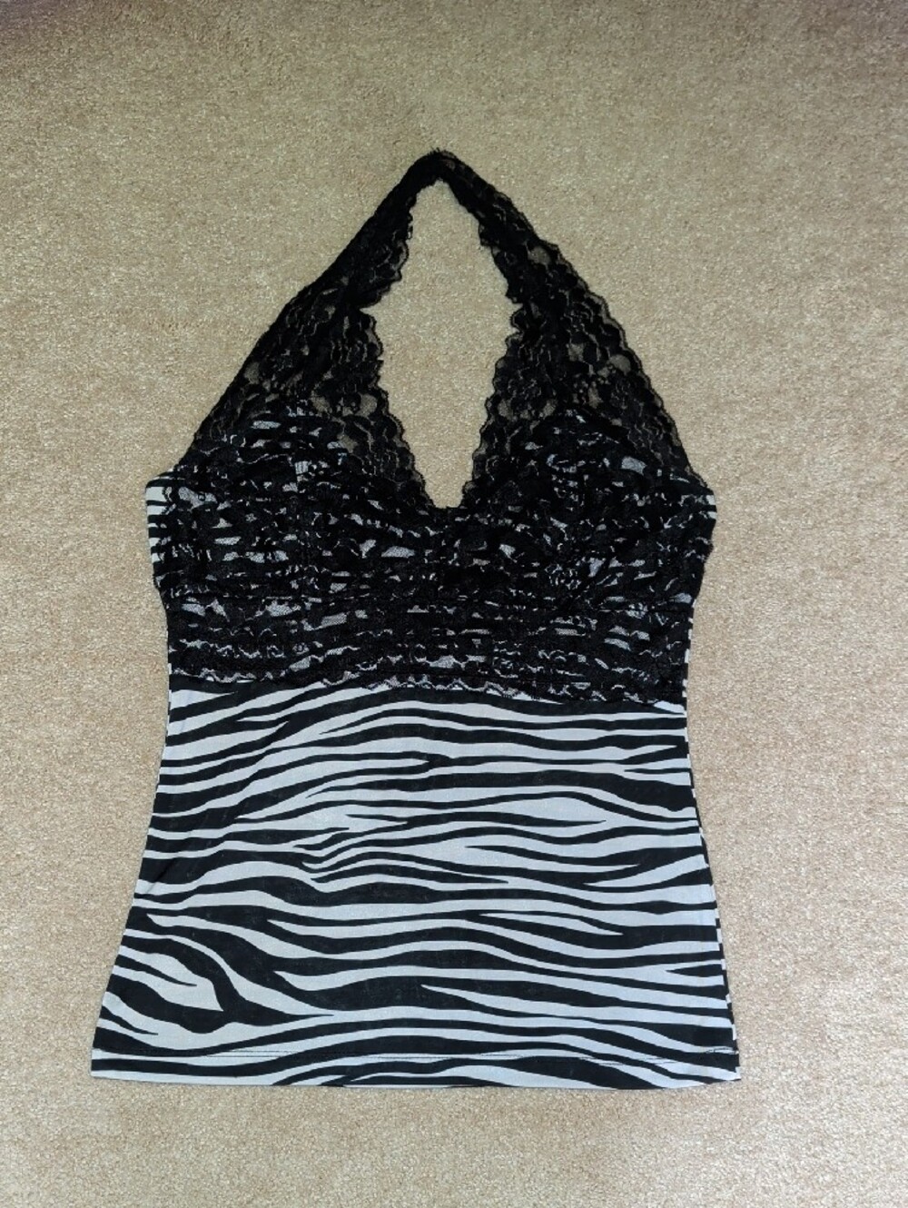 Black Lace Halter Zebra-Print Tank Top